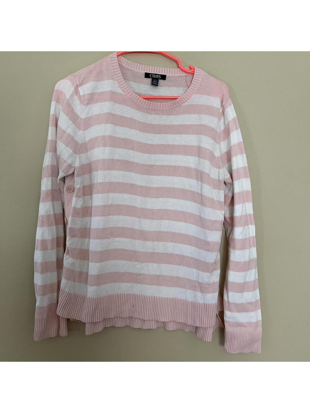 Chaps Women's Pink and White Striped Sweater Size L